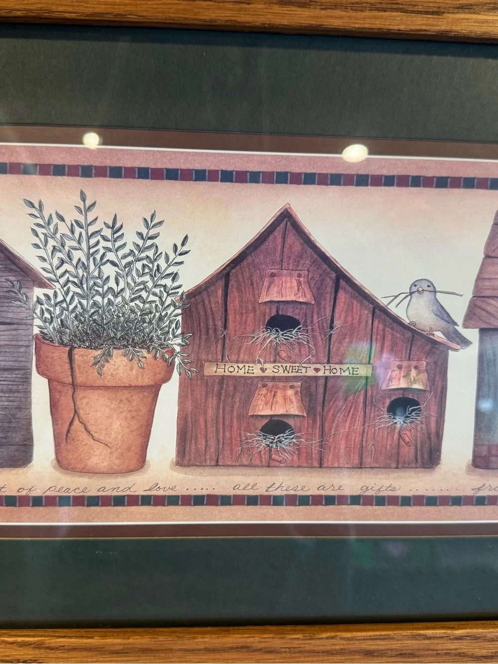 Home Interiors Framed Birdhouse Print Primitive Country Wall Art 23x13